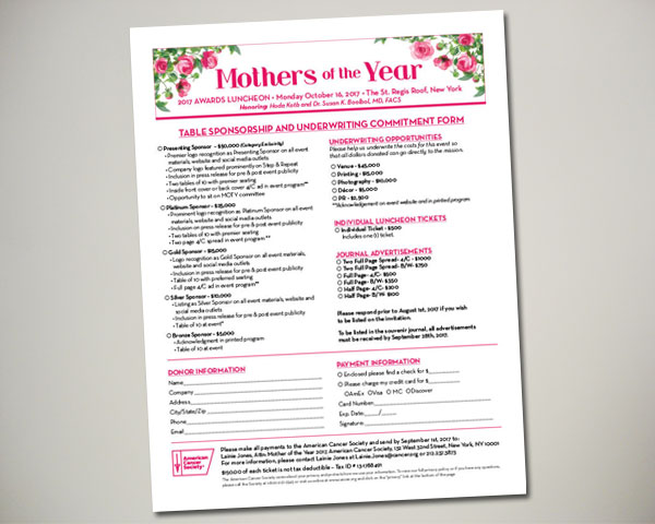 cancer society mothers of the year non profit luncheon nyc sponsorship sheet